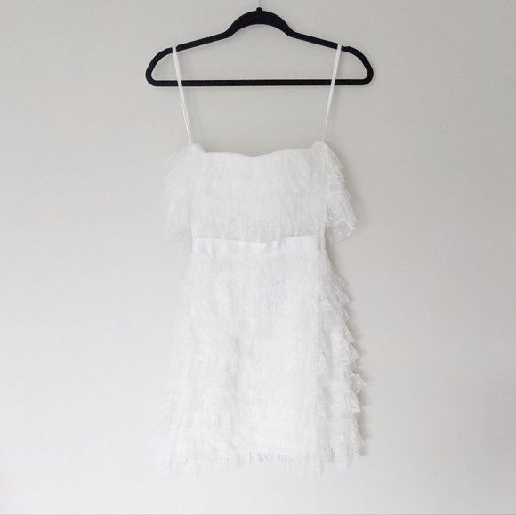 NEW BCBGMAXAZRIA x REVOLVE Off White Strapless Corset Ruffle Tiered Mini Dress 0 - Picture 4 of 10